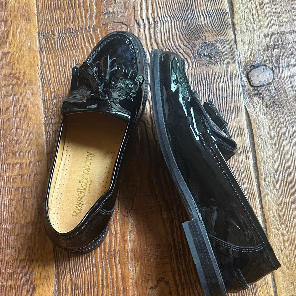 Russell & Bromley Black Patent Leather Tassel Loafers